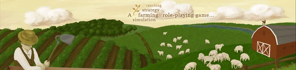 Prosperlea's painted 2010 splash: a farmer with a hoe beside ploughed rows, sheep on green hills and a red barn, under the line 'A farming role-playing game'.