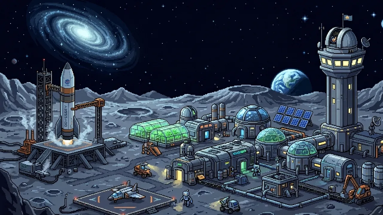 SpaceDeckBuilder2's pixel-art splash: a moon colony of greenhouses, domes and pipes, a rocket on its launch tower, Earth and a spiral galaxy in the sky.