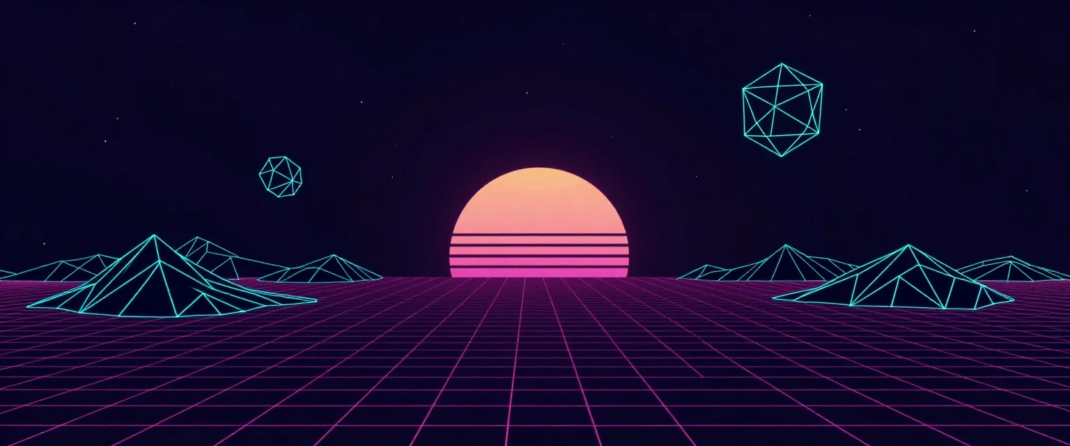 A synthwave landscape of thin neon lines: a magenta grid floor running to the horizon, cyan wireframe hills, a striped pink sun and two floating wireframe polyhedra in a dark indigo sky.